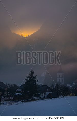 Panoramic View From Church In Village Puergg Over Valley Ennstal To Sunset Over Mountain Gumpeneck I