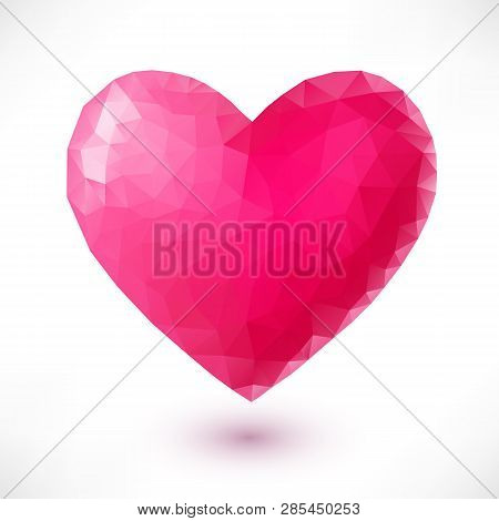 Pink Origami Heart Isolated On White Background With Shadow. Low-poly Style Vector Illustration For 