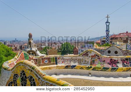 Park Guell In A Summer Day In Barcelona, By Architect Gaudi. June, 2014, Barcelona