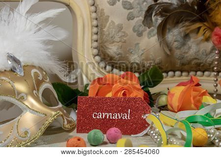 Graphic Background, Carnival And Floral Corso, Battle Of Flowers, Label With The Word Carnival In Fr