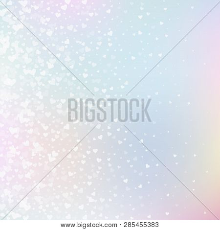 White Heart Love Confettis. Valentine Day Gradient Valuable Background. Falling Transparent Hearts C