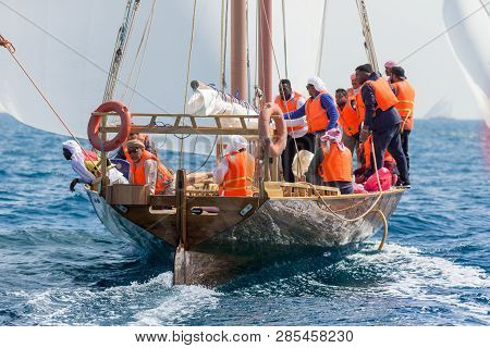 Abu Dhabi, Uae - February 10, 2018: Sailing Dhow Race Back To Abu Dhabi At 60 Feet Dhow Sailing Race