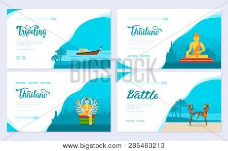 Set Of Thailand Country. Asian Traditional Brochure Card Set. Decorative Ethnic Template Of Flyear, 