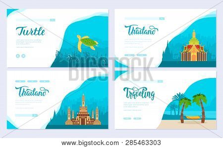 Set Of Thailand Country. Asian Traditional Brochure Card Set. Decorative Ethnic Template Of Flyear, 