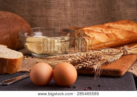 Breads And Butter Concept Of Teasty Home Food Close Up On Table