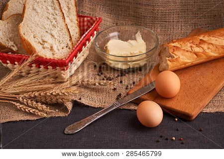 Breads And Butter Concept Of Teasty Home Food Close Up On Table