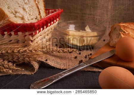 Breads And Butter Concept Of Teasty Home Food Close Up On Table