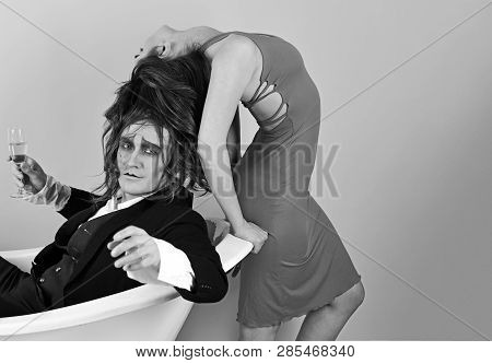 Telling A Love Story Through Body Motions. Mime Artists. Couple In Love Mime Enjoy In Bath Room. Cou