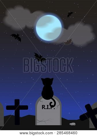 Black Cat On The Tombstone. Halloween. Vector Drawing.