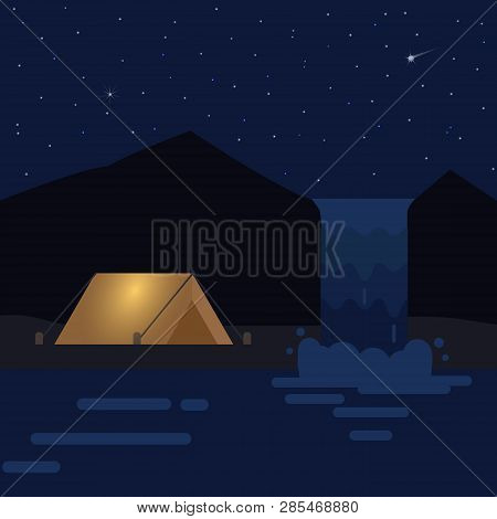Night Landscape With Tents, Mountains And Waterfall.