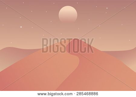 Evening View Of Desert On Sky Pink. Vector Landscape