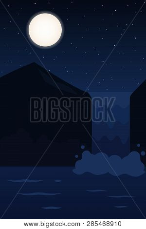 Night Sky With Moon, Mountains And Waterfall. Vector Illustration.