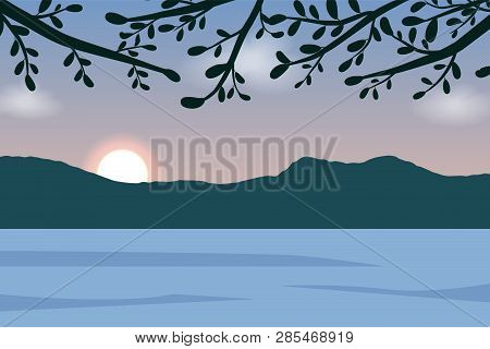 Landscape View Sun In Mountain And River. Vector Illustration