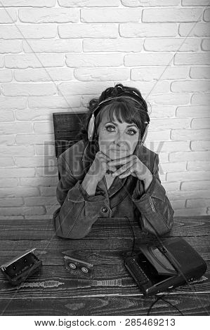 Old Woman With Cassette Recorder Listen Music In Headphones. Audio Book And New Technology, Educatio