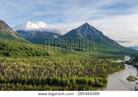 Panorama Of Matanuska River And Mountains Along Alaskan Highway 1, Usa
