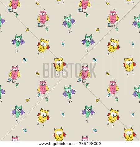 Doodle Pattern Owl, Seamless Pattern, Hand Drawing Cartoon Style