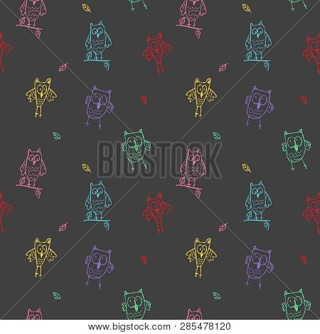 Doodle Pattern Owl, Seamless Pattern, Hand Drawing Cartoon Style