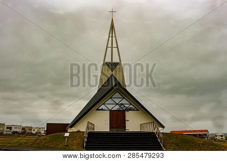 Olafsvik, Iceland - May 8, 2018: Church In Olafsvik Town That Is Iconic To This Small Western Town I