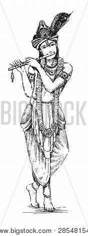 Vector Illustration Of Lord Krishna Playing Flute On Happy Janmashtami Holiday Indian Festival Greet