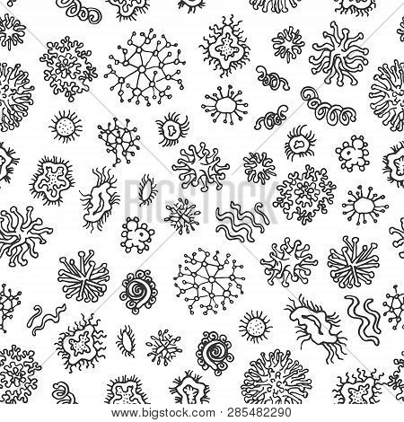 Set Of Different Microorganisms Seamless Pattern Background. Collection Of Infectious Germs, Protist