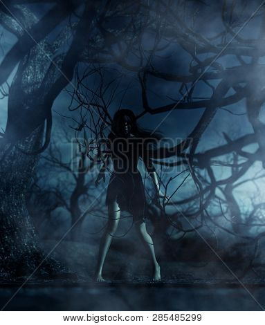 Ghost Woman In The Woods,3d Illustration For Book Illustration Or Book Cover