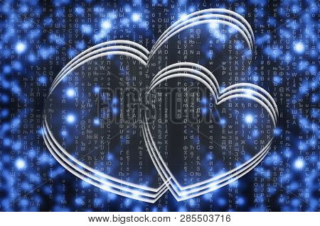 Two Virtual Hearts On Blue Matrix Background Close-up. Virtual Space With Two Painted Hearts. Virtua
