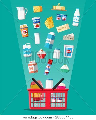Milk Products Set In Plastic Shopping Basket With Cheese, Cottage And Butter. Dairy Food. Tradiciona