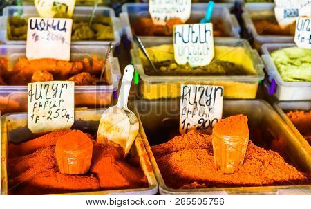 Traditional Market In Armenia With Spices On The Market In Yerevan