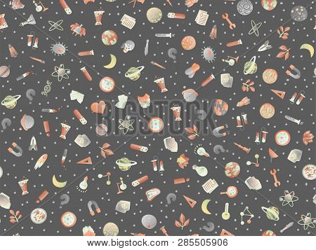 Cute Cartoon Back To School And College Fun Seamless Pattern With Colored School Supplies. Science T