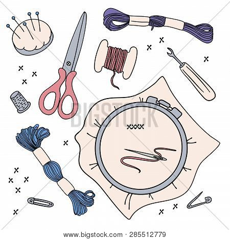 Emroidery Work Needlewoman Accessories Cartoon Vector Illustration Design Set For Print, Fabric And 