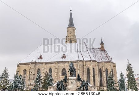 St. Michaels Church And Matthias Corvinus Monument During Winter In The City Center Of Cluj-napoca, 