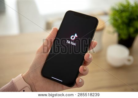 Anapa, Russia - February 16, 2018: Woman Holding Iphone X With Streaming Service Media And Video Tik