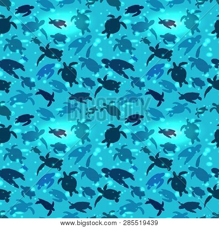 World Turtle Day 23 May Background. Turtle Swims In The Ocean Against The Background Of The Sun. Sea