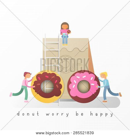 Donuts Advertising Banner  - Cartoon Small Size People Are Rolling Big Donuts For Packaging And Girl