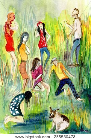 Company Of People Walking In The Park In Suumer Sunny Day