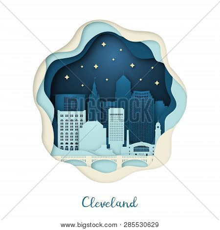Paper Art Illustration Of Cleveland. Origami Concept. Night City With Stars. Vector Illustration.