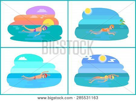 Backstroke And Breaststroke, Butterfly And Freestyle Swimming Methods. Professionals In Water Practi