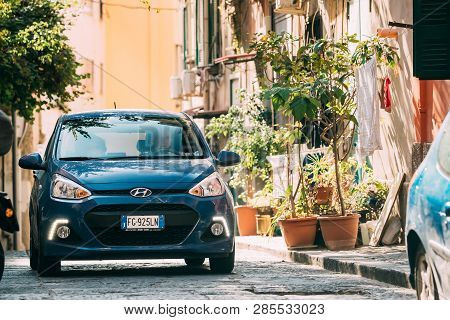 Naples, Italy - October 17, 2018: Blue Color Hyundai I10 Car Of Second Generation Ia Ba Moving At St