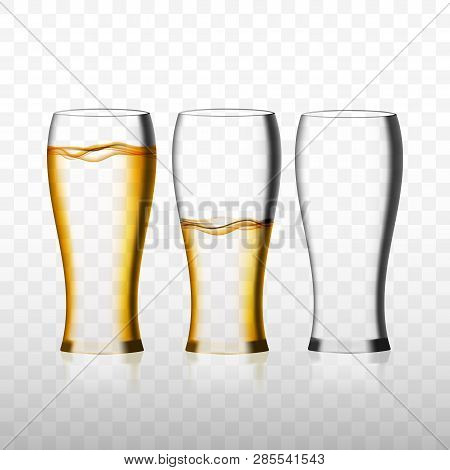 Empty And Full Beer Glass For Drinking Alcohol Beverage And One Empty Glass. Realistic  3d Illustrat