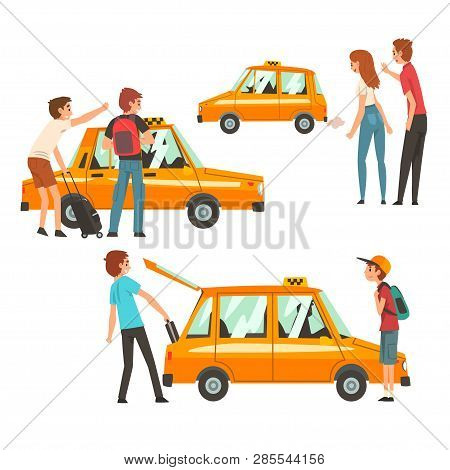 Taxi Service Set, Clients Waving To Taxi, Man Putting Luggage In Car Vector Illustration