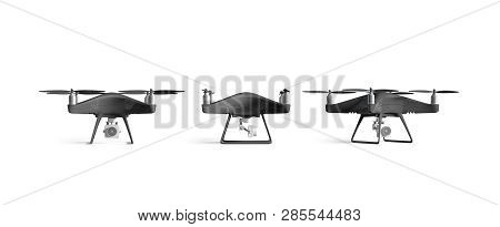 Blank Black Dron Mockup Set, Stand Isolated, Front And Side View, 3d Rendering. Empty Outdoor Quadro