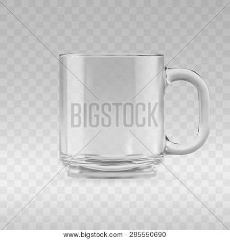 Empty Transparent Glass Mug Mockup. Realistic 3d  Illustration Of Blank Glassy Tankard Or Classic Co