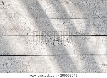 White Wooden Shabby Weathered Planks With Sunlight, Old Light Desk Cracked Paint Wood Board Vintage