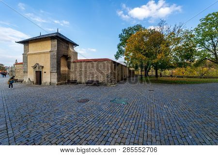 Kutna Hora, Czech Republic - October 26, 2018: Pedestrian Street (terrace) Barborska And Body Of Chr