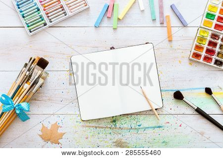 Artistic Creative Design Workspace, Notebook Mock Up For Artwork With Watercolor Paints, Pencil, Set