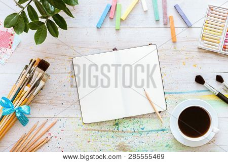 Flat Style Artistic Design Workspace, Blank Notebook Mock Up For Creative Sketches With Watercolor P