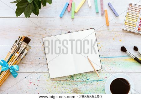 Creative Art Designer Workplace, Artistic Mock Up, Blank Notebook For Sketches With Pencil On It, Se