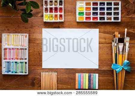 Artistic Background Concept, Creative Art Work Accessory Supplies Set, Album Paper, Paint Brushes, P