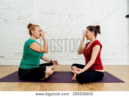 Friends Yogi Women Practicing Yoga Together Sitting In Sukhasana Pose Alternate Nostril Breathing Pr