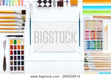Creative Learning Concept, Different Supplies Colorful Accessories Set For Art Work On White Wooden